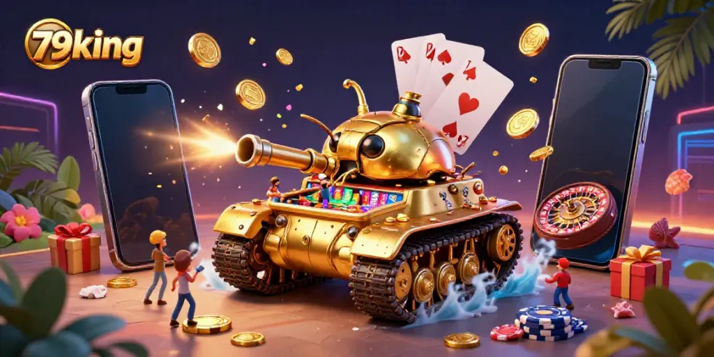 Experience thrilling gaming action at 79king with a vibrant 3D casino illustration featuring a golden beetle tank.