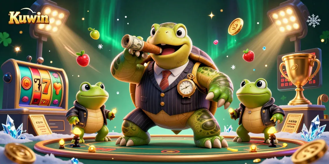 Experience thrilling slots action with Kuwin's vibrant casino scene featuring a snapping turtle and bullfrog enforcers.