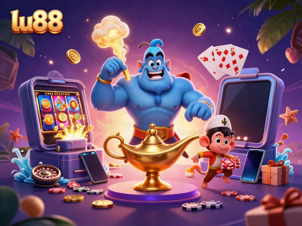 Experience excitement with festive gambling-themed LU88 illustration featuring a blue genie, poker chips, and mobile gaming elements.