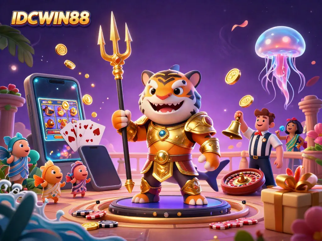 An engaging scene showcasing IDCWIN88 with a tiger shark in gladiator armor, vibrant slot games, and dynamic casino elements.