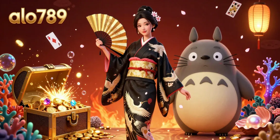 Alo789 showcases an elegant Asian woman and a wise tanuki, emphasizing thrilling gambling experiences with vibrant game elements.