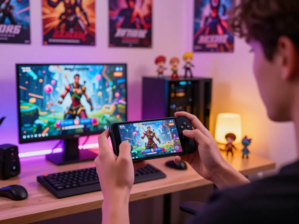 Engaging scene of a player enjoying a mobile porn game on a smartphone in a stylish gaming setup, highlighting modern adult gaming.