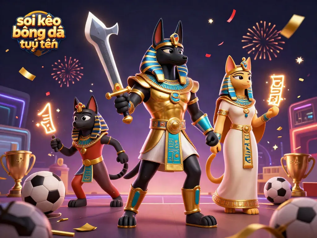 Soi kèo bóng đá trực tuyến với hình ảnh nhân vật Anubis và Bastet trong dàn cảnh thể thao hấp dẫn