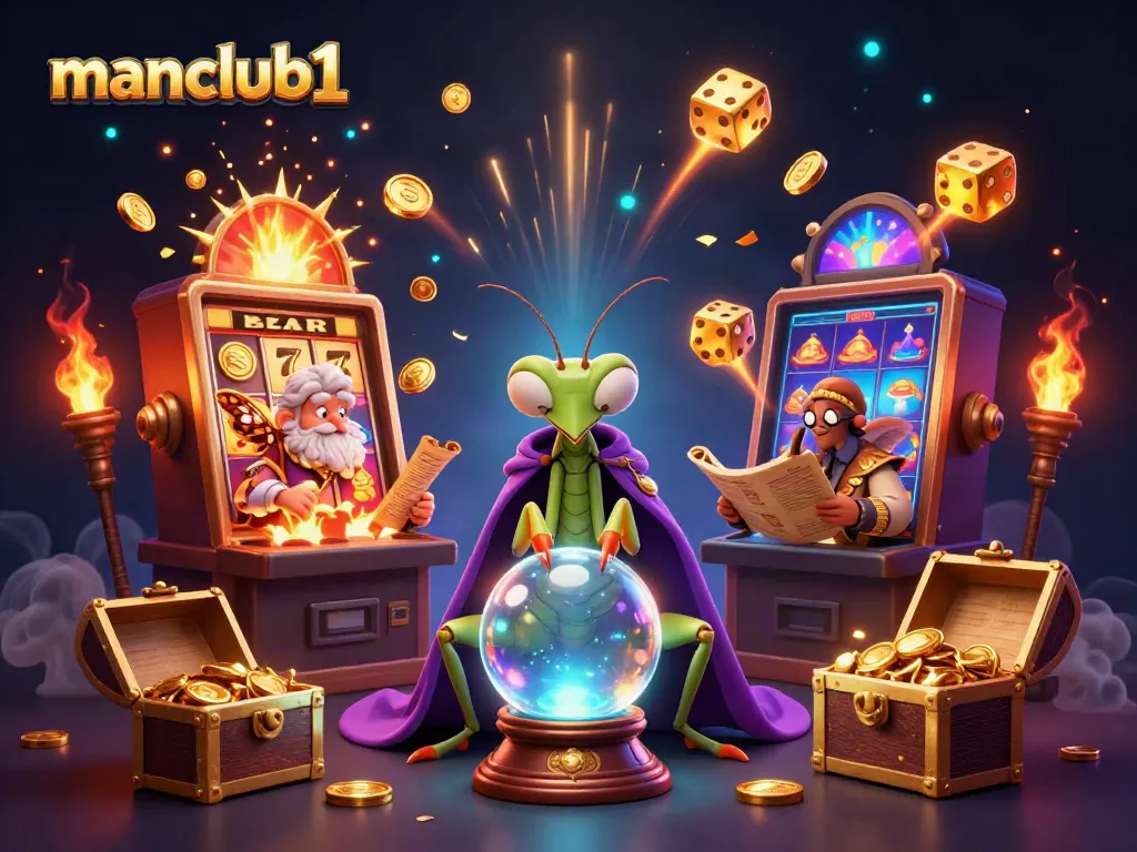 Experience thrilling wins at manclub1 with a mesmerizing casino scene of fortune tellers and jackpots.