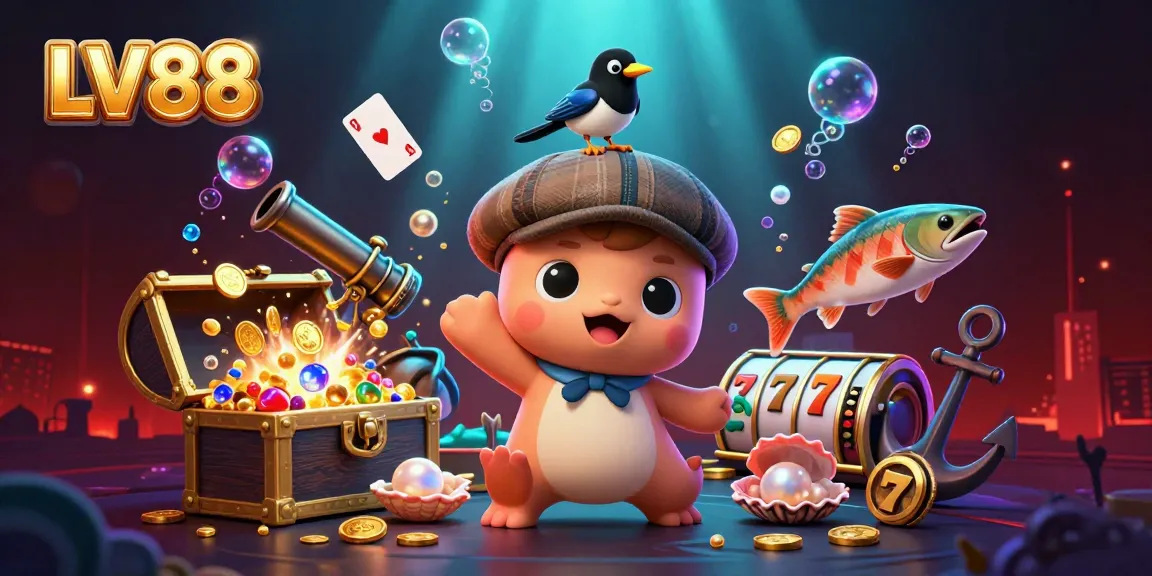 Engage in gambling adventures with LV88's playful cartoon characters in a vibrant 3D scene.