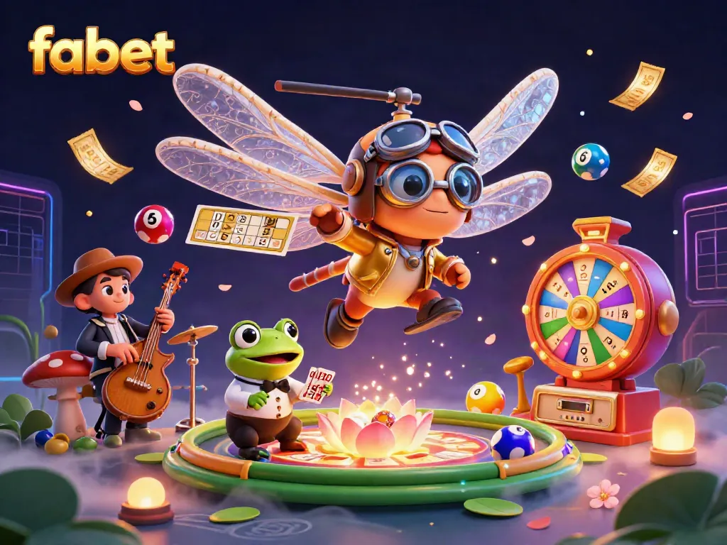 Experience fabet's vibrant gaming atmosphere with a dragonfly pilot and frog dealer in a lively casino.