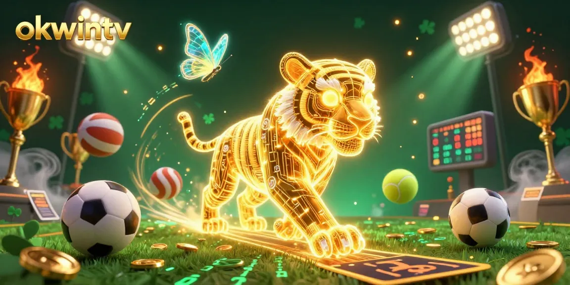 Catch the excitement of okwintv with a digital casino landscape featuring dynamic sports elements and a golden tiger!
