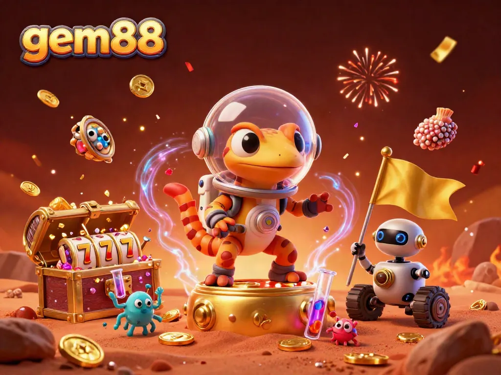 Experience thrilling wins at gem88 with a Martian gecko discovering a golden casino scene.