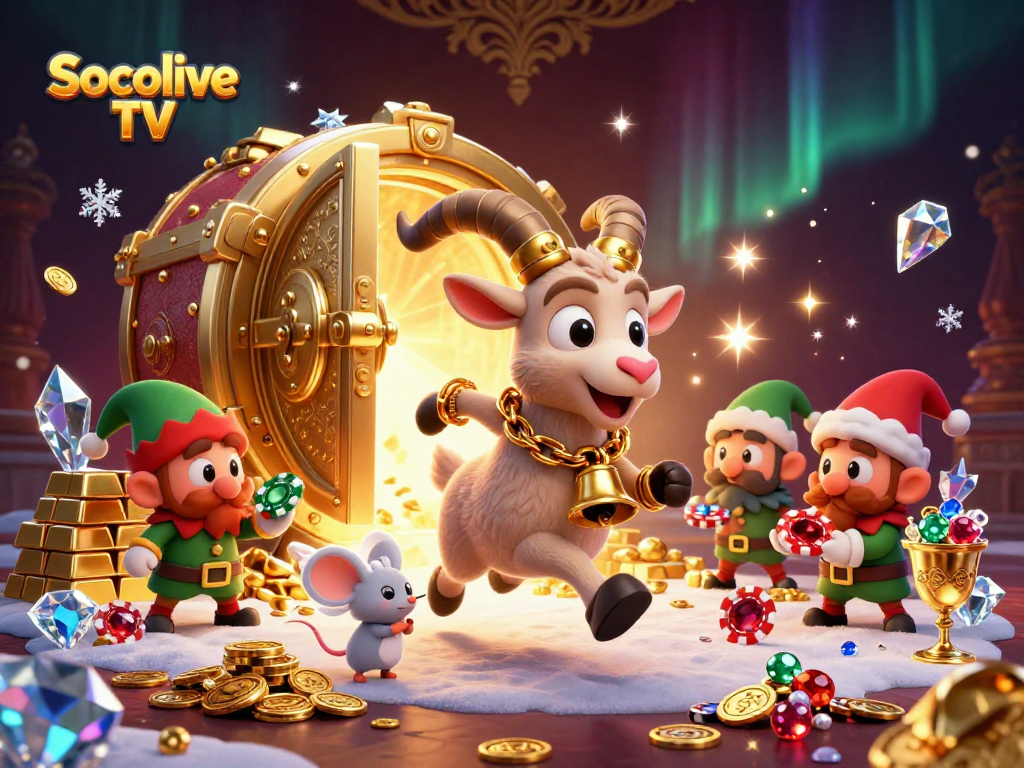 Socolive TV showcases a festive casino scene with Krampus, where characters maneuver amidst piles of treasures.