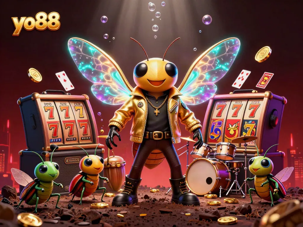 Engage in thrilling gameplay at yo88 with vibrant 3D illustrations of rock star characters and exciting slot elements.
