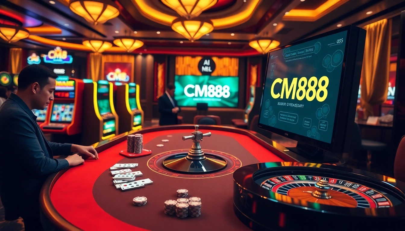 CM88 logo on a luxurious casino gaming table with baccarat and poker elements.