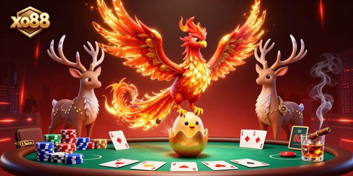 Experience thrilling gambling action at xo88 with phoenix and poker elements in an epic illustration.