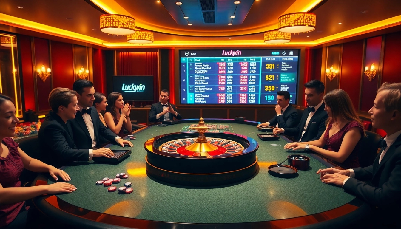 Luckywin casino scene showcasing a vibrant gambling table with players enjoying roulette.