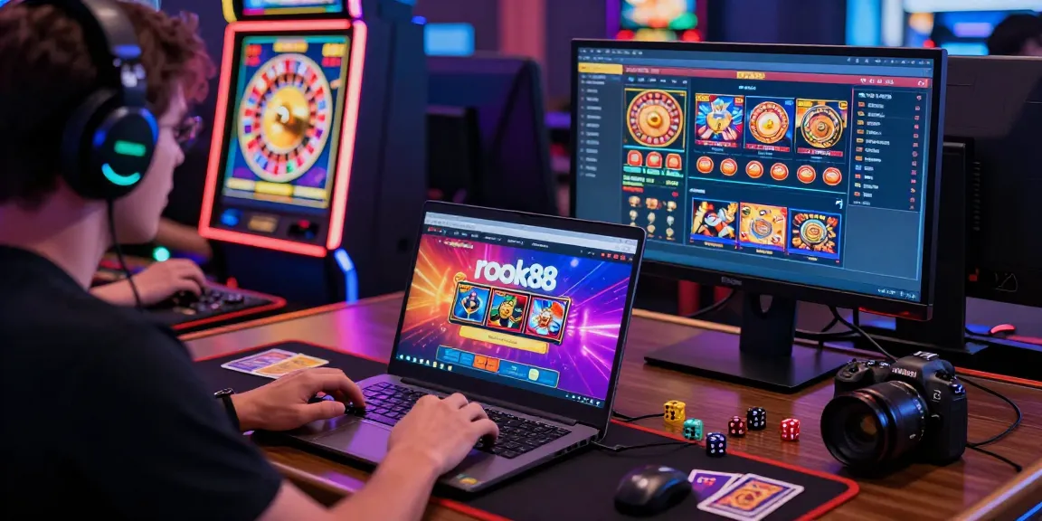Engaged player on rokok88 login page in vibrant online gaming setup.