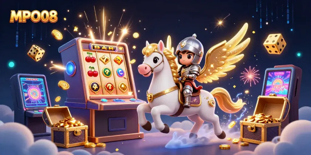 Experience the excitement of MPO08 with a vibrant casino-themed scene depicting jackpots and engaging game elements.