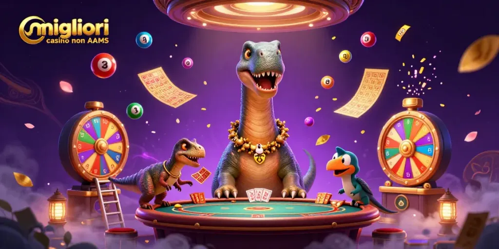 Gioca ai migliori casino non AAMS con slot e roulette in un'illustrazione vivace e coinvolgente.