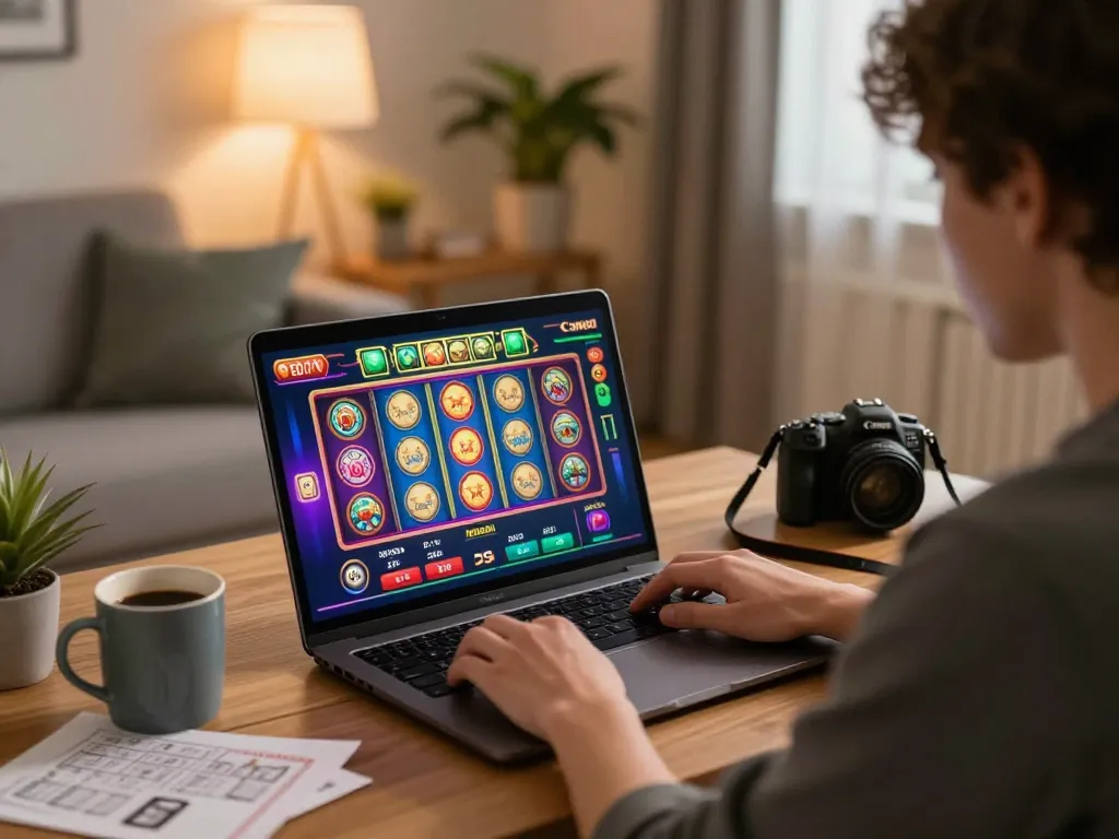 Person enjoying online gambling with go8, engaging in a lively slot game at home.