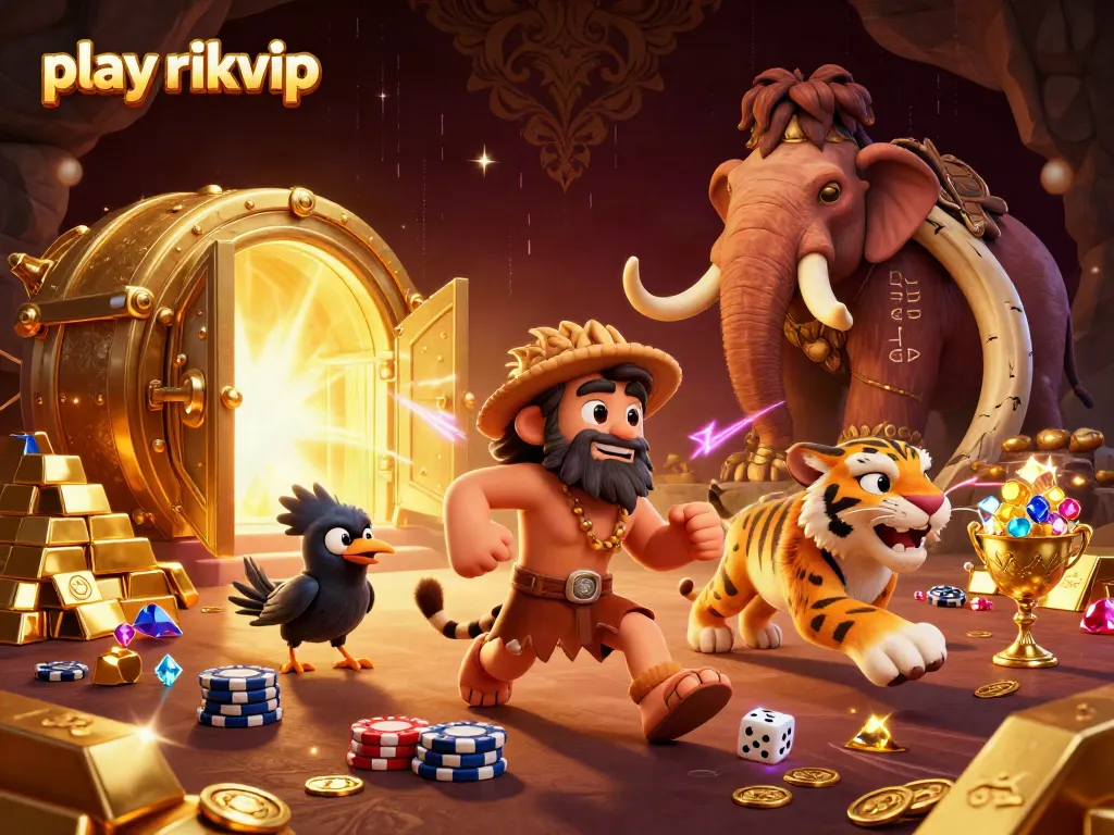 Experience play rikvip at a vibrant prehistoric casino with gold treasures and exciting game elements.