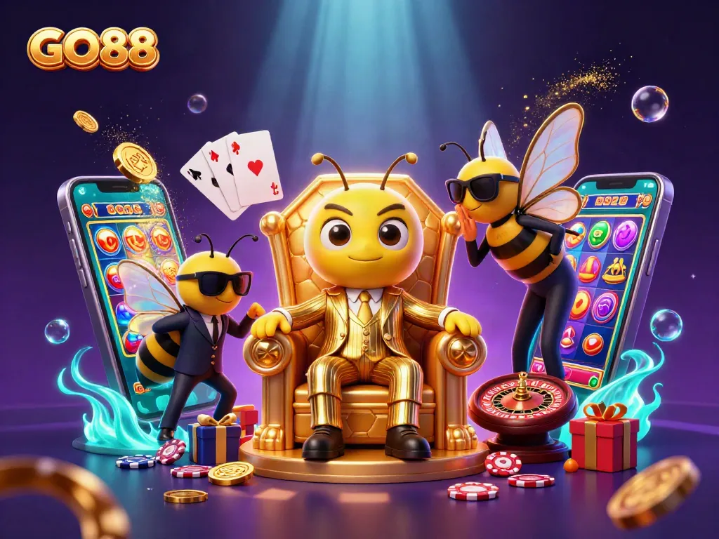Experience the excitement of GO88 with a cartoon mob boss in a vibrant casino scene filled with games.