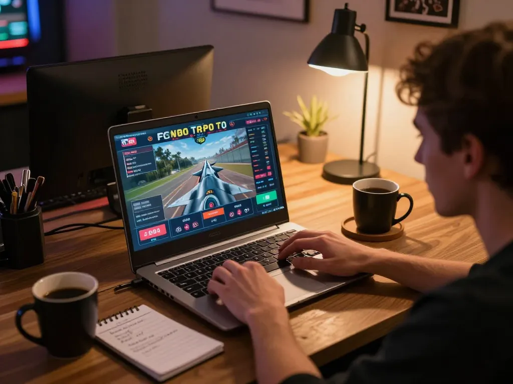 Player engaging with F168 online casino interface, showcasing responsible gaming setup with notes and drinks.