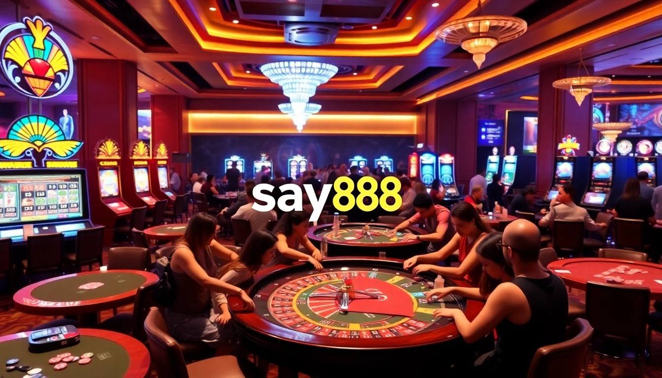 SAY88 casino experience with players at tables, showcasing vibrant gambling action and modern online interface.