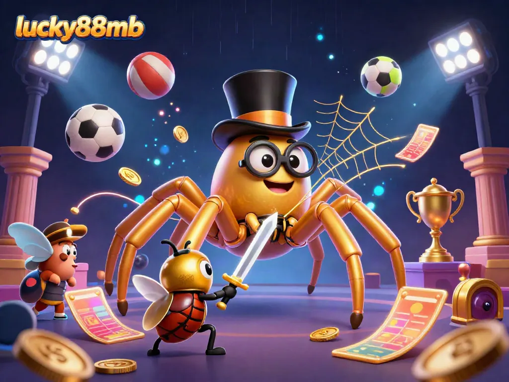 Engage with exciting gameplay at lucky88mb, featuring a dynamic scene of a giant golden tarantula and sports elements.
