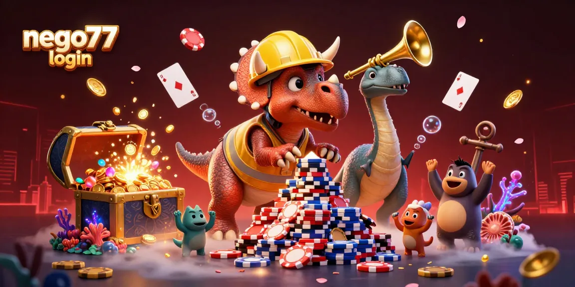 Join the excitement of gambling with nego77 login featuring a 3D triceratops building a pyramid of poker chips!