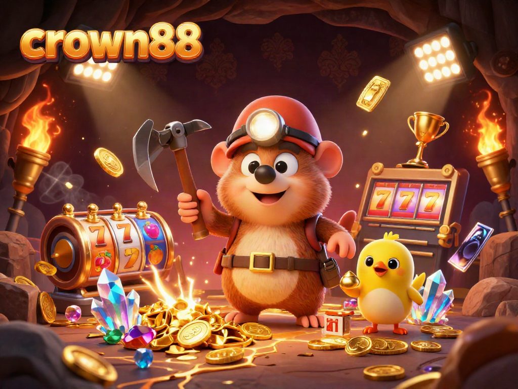 Crown88 features a treasure hunter mole and canary in a captivating casino scene with vibrant slot elements.