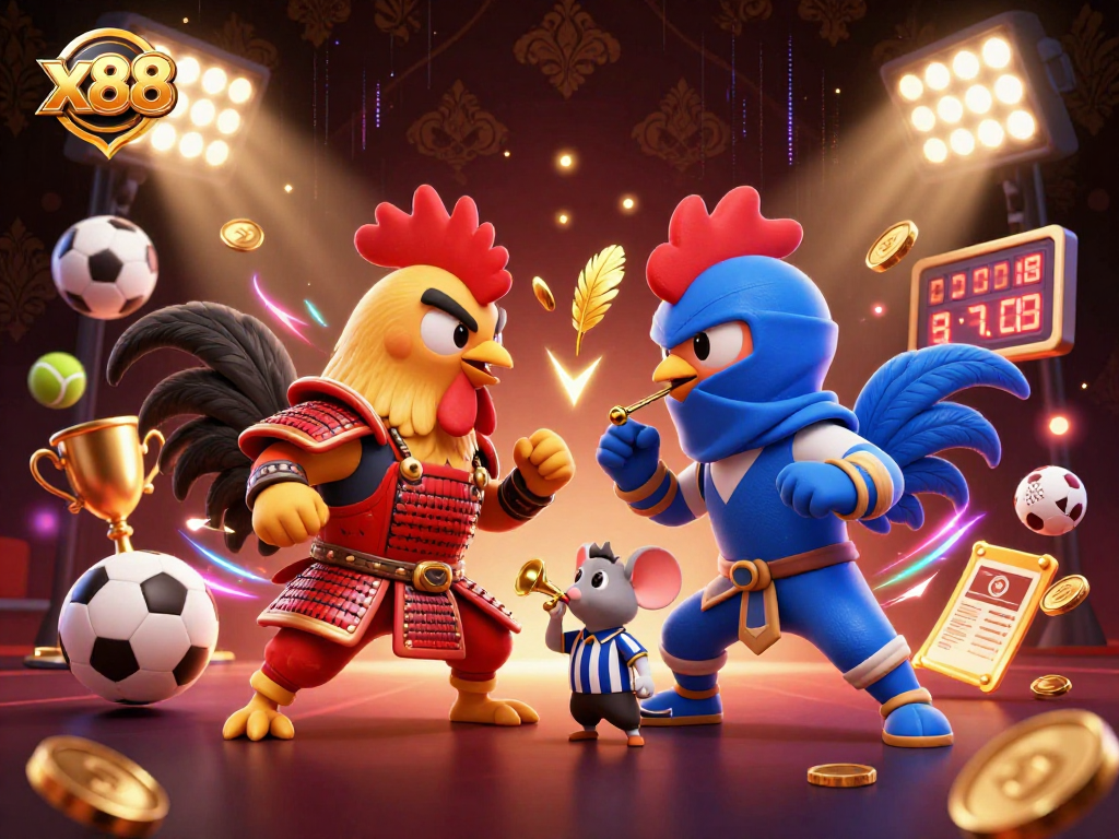 Engage in thrilling competition with x88 as fighting roosters clash surrounded by dynamic betting elements.