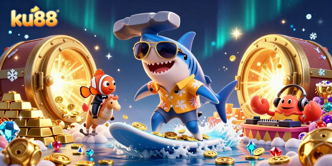 Experience the excitement at ku88 Casino with cartoon characters surfing on gold coins in a vibrant underwater scene.