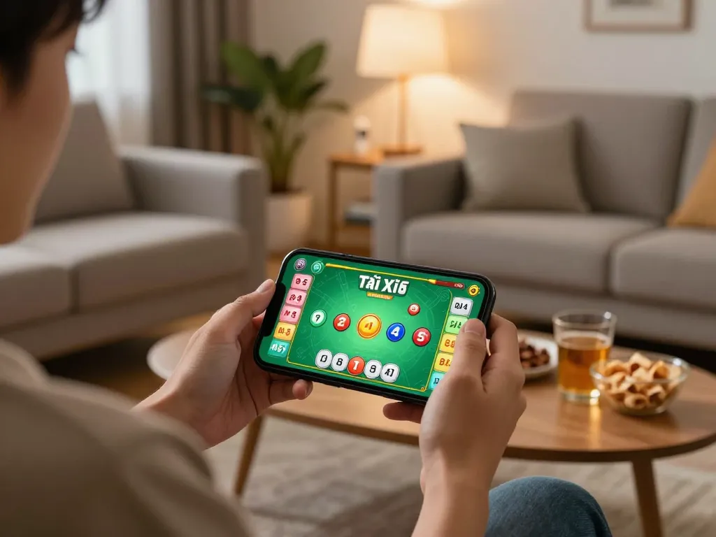 Tài Xỉu MD5 apk mobile gaming scene with a person playing on their smartphone in a cozy living room while enjoying snacks.