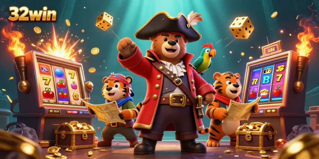Experience thrilling slots with 32win, featuring dynamic casino elements and vibrant characters.