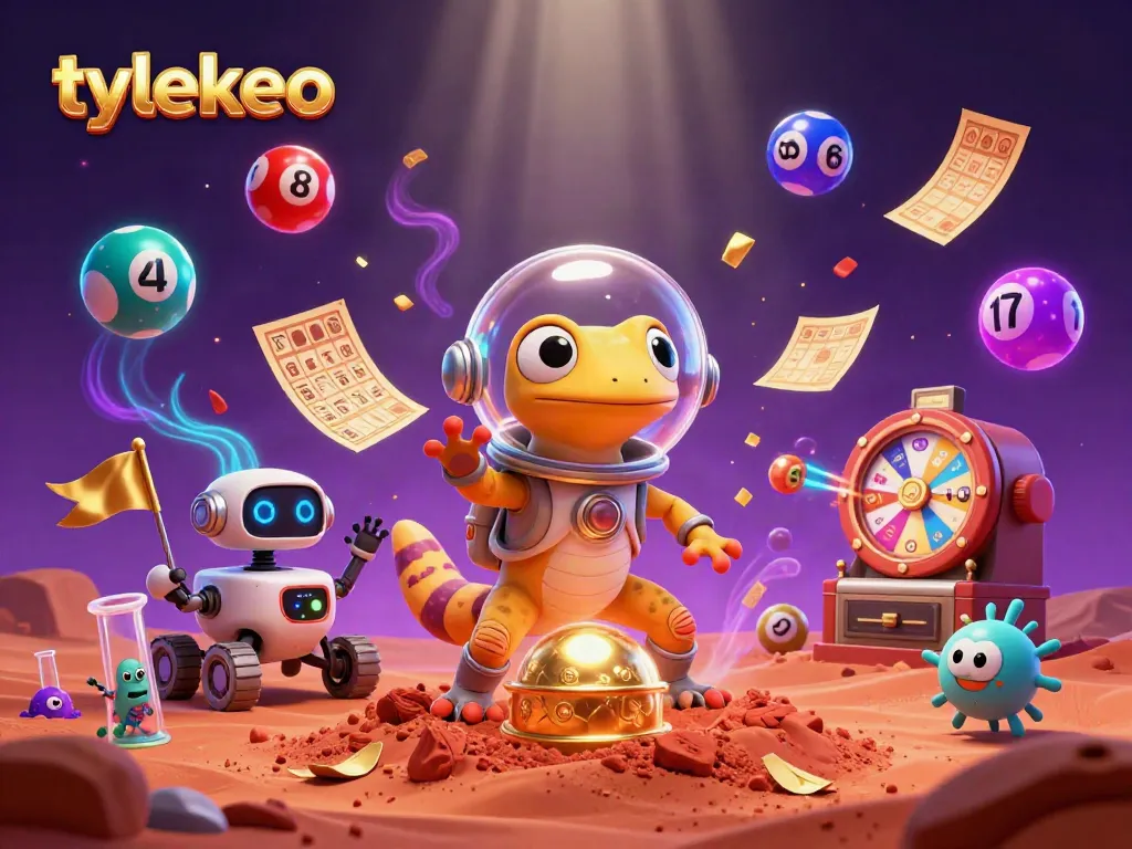 Engage with tylekeo's vibrant Martian casino featuring colorful lottery elements and a cheerful atmosphere.