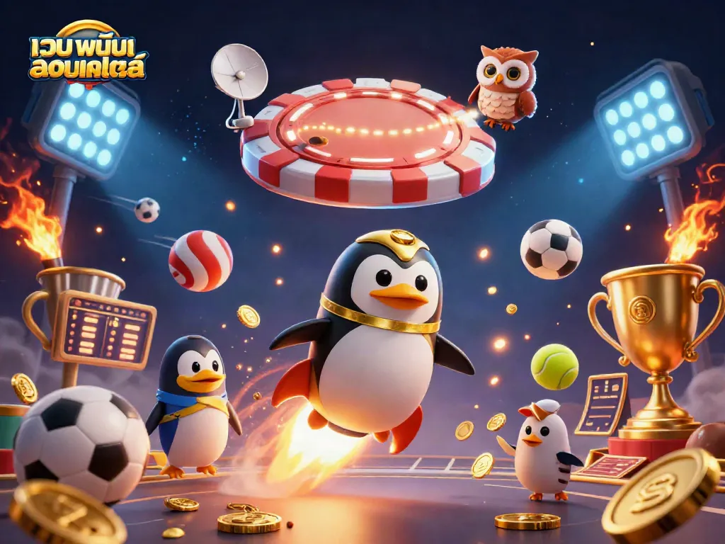 ภาพการ์ตูน 3D ของเว็บพนันออนไลน์ที่โดดเด่น ด้วยเพนกวินทองคำขับเคลื่อนจรวดในอวกาศ