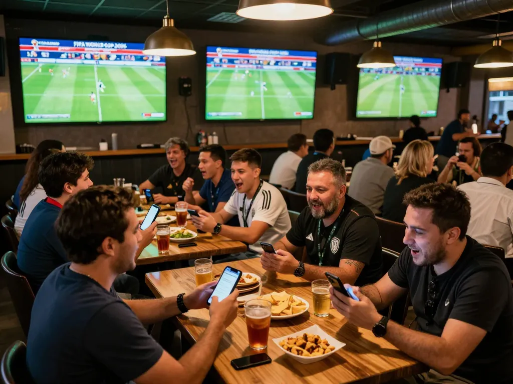 Fans engaging in sports betting during worldcup2026 at a lively bar filled with excitement