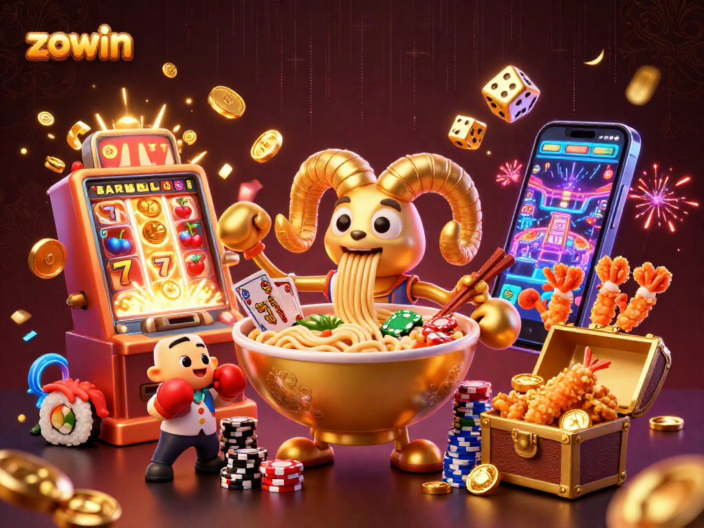 Zowin's vibrant casino scene features a giant ramen bowl dealer with cards and chips, creating an engaging gambling atmosphere.