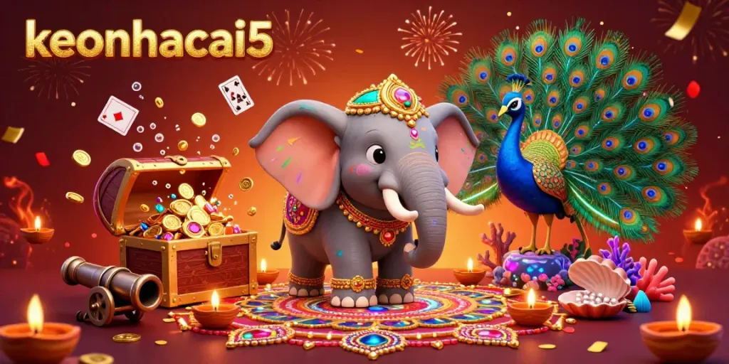 Engage in exciting betting strategies at keonhacai5, where vibrant visuals and Diwali elements thrive in a 3D illustration.