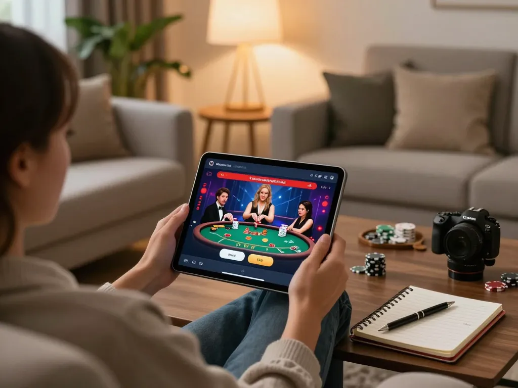 Engaging with the tr88 casino app on a tablet while planning strategies in a cozy home.