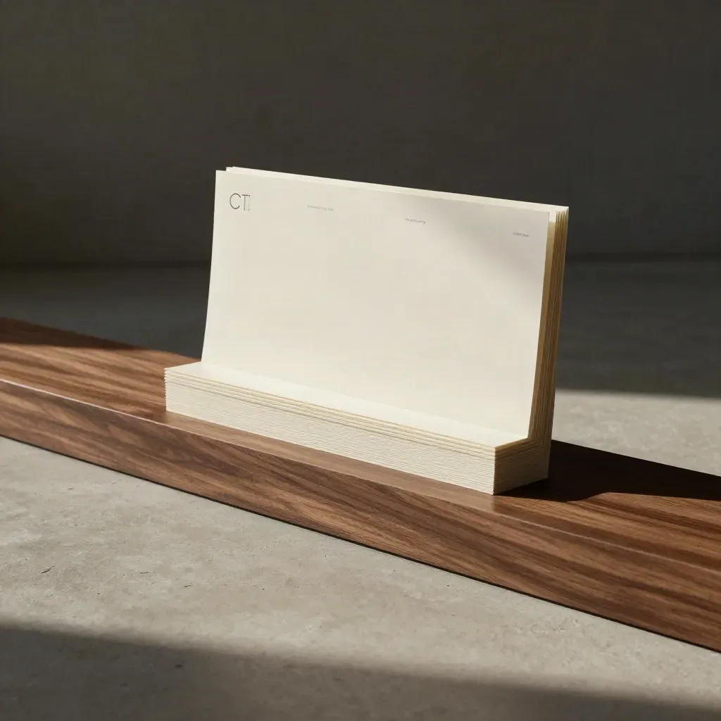 Tall paper landing-page model on a walnut plinth under dramatic studio light.
