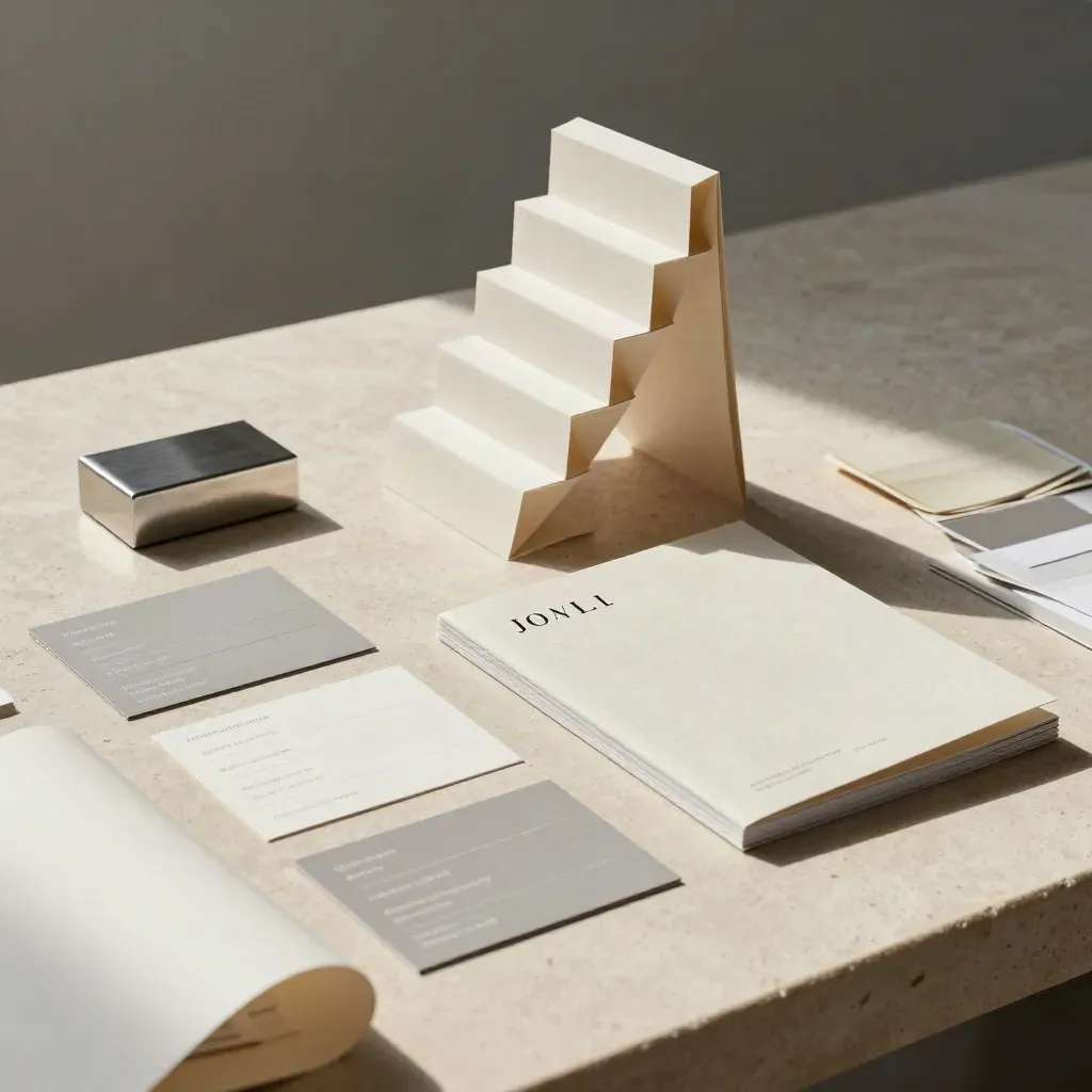 Brand positioning cards, proof ladder, and booklet on a limestone studio table.