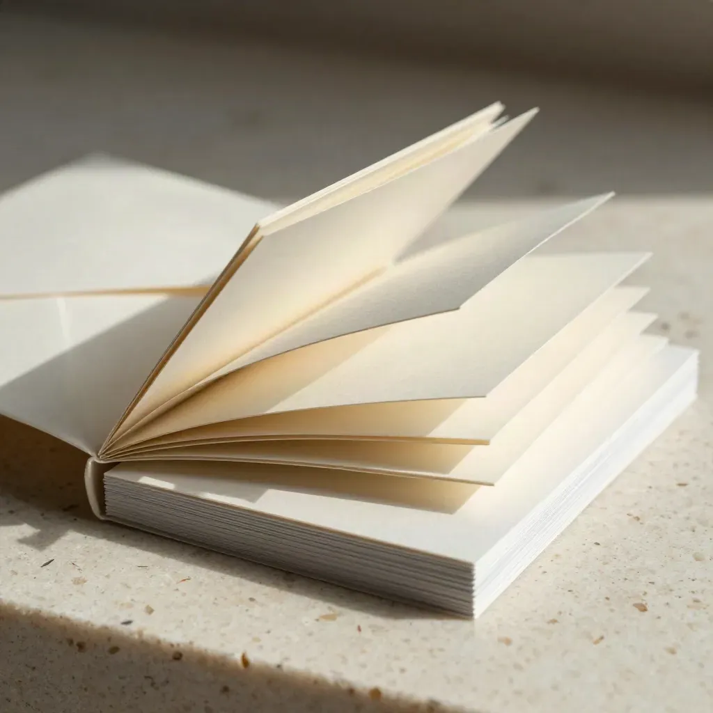 Lead magnet booklet, envelope and sign-up cards fanned open on travertine in soft daylight.