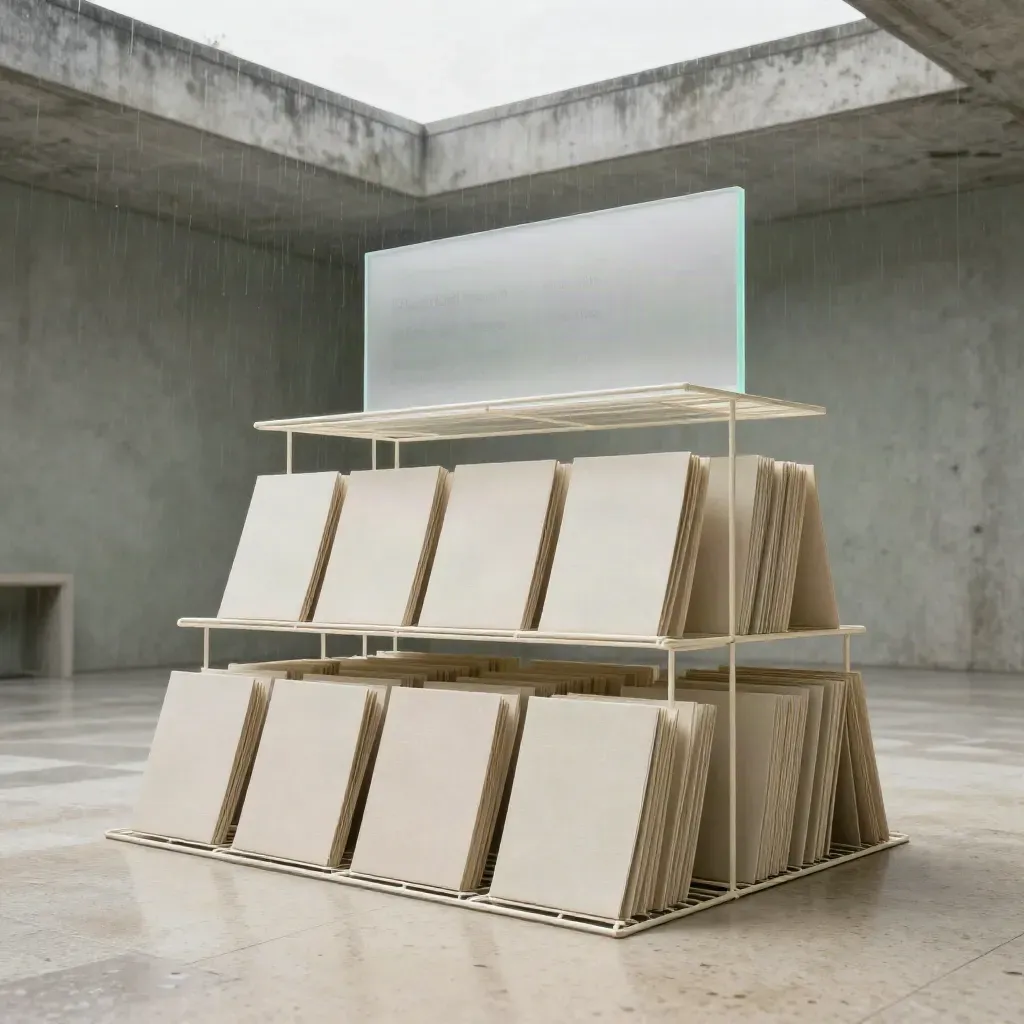 Rain-lit brand strategy set with cream boards, linen folders, and frosted acrylic in cinematic haze.