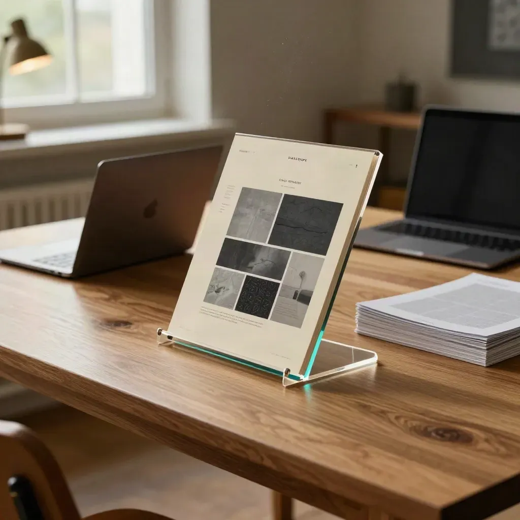 Homepage comps on acrylic easels with a closed laptop and proof sheets in warm window light.