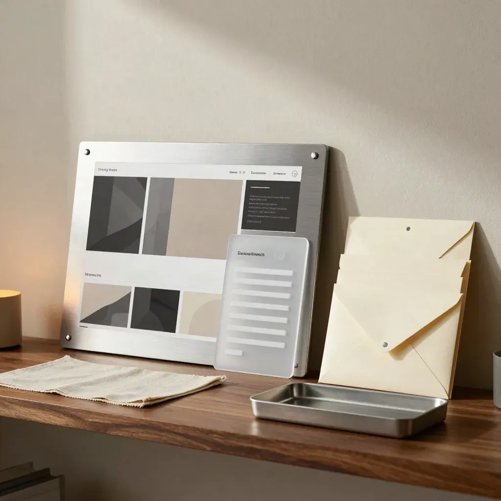 SaaS launch kit on a shelf with comp board, booking card, and silver-sealed envelopes