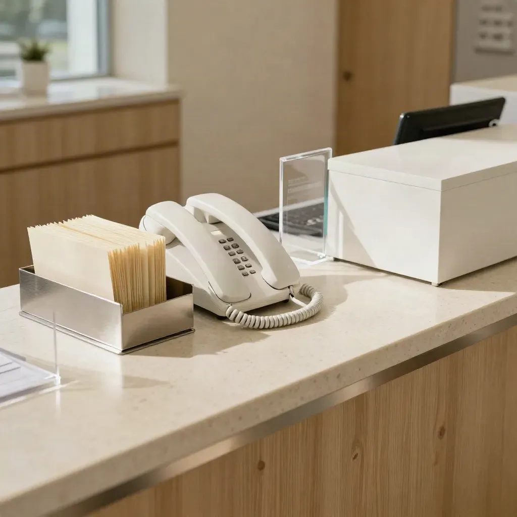 Empty clinic reception counter with ringing phone and intake folders in soft daylight.