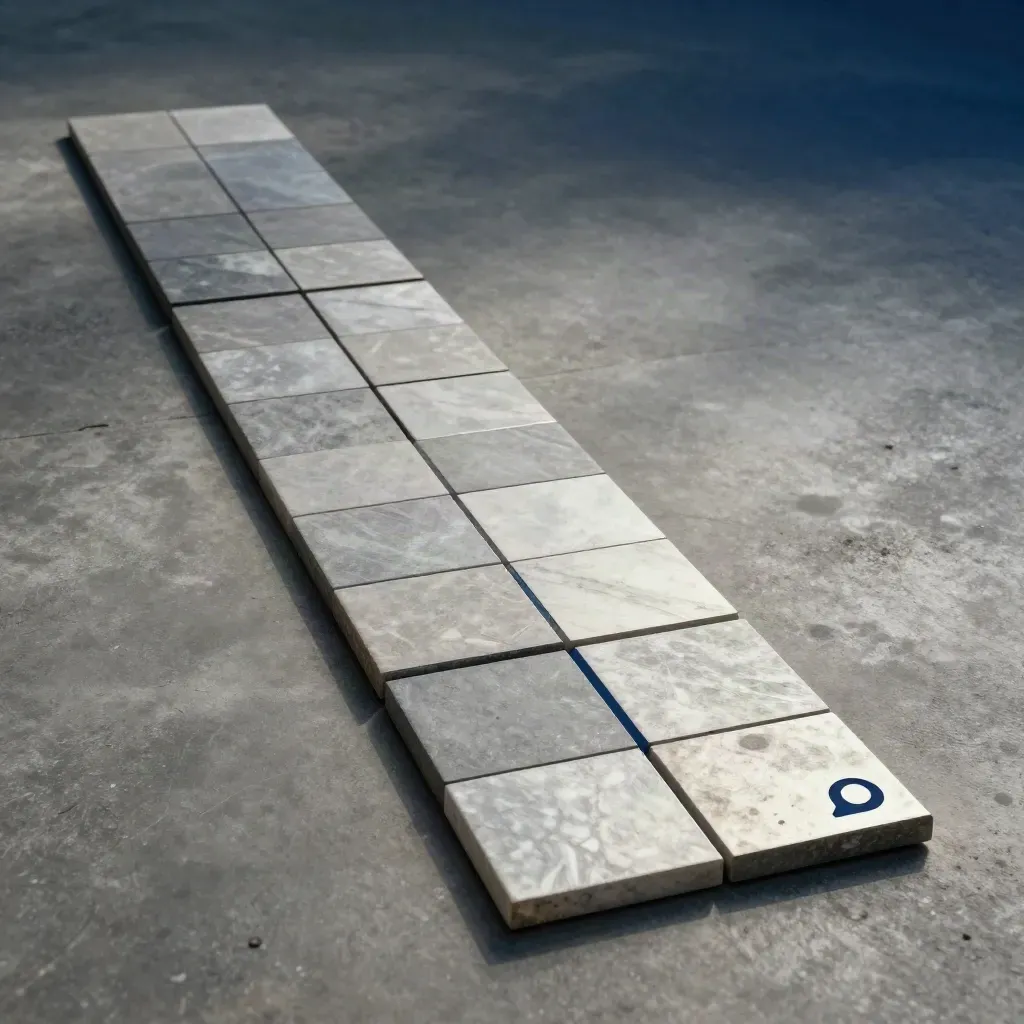 Diagonal tile path with a repaired CTA marker on cool concrete, lit in soft haze.
