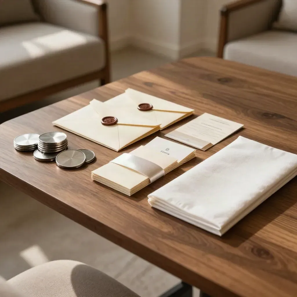 Silver event tokens, sealed envelopes, and a launch kit on a warm walnut table.