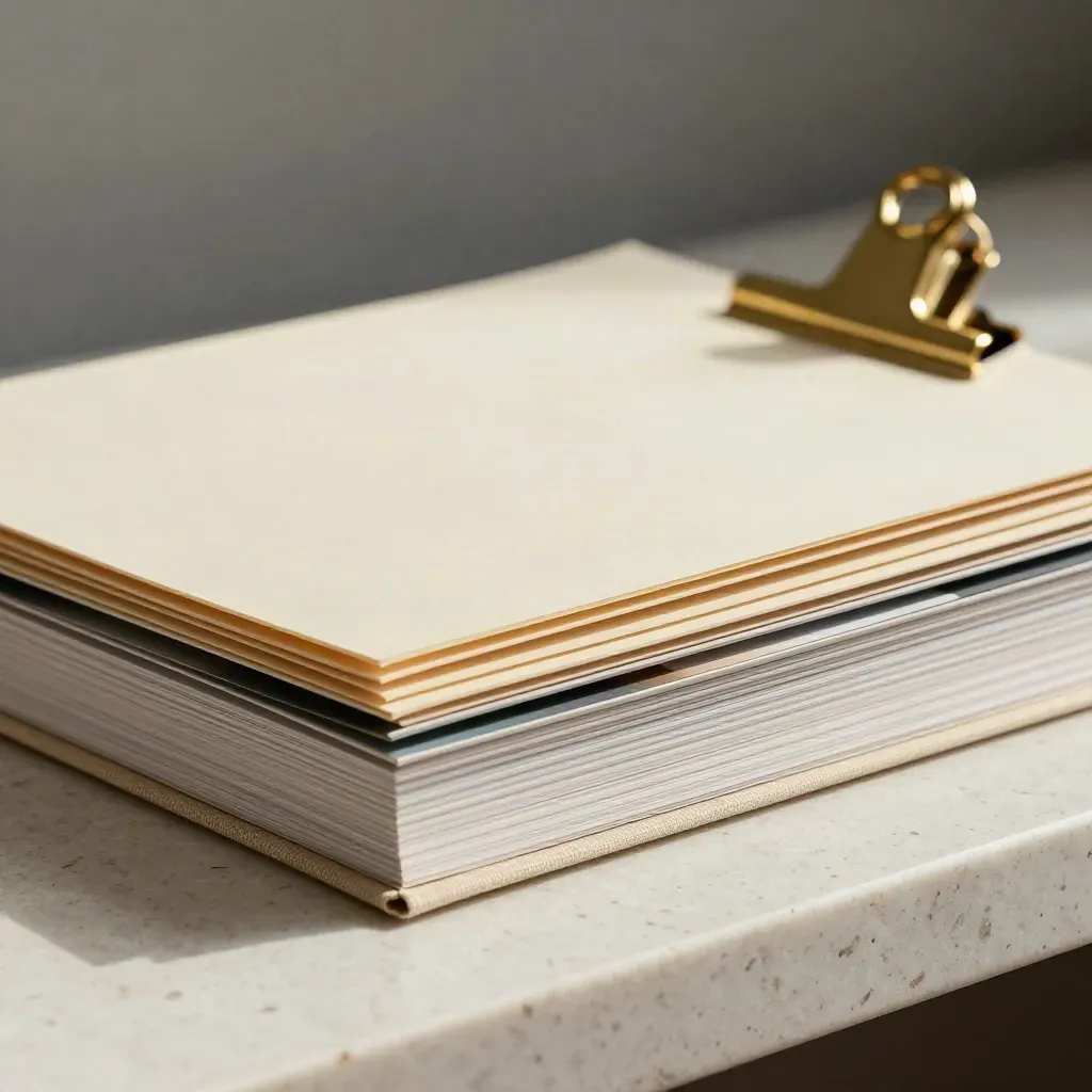 Macro still life of archival folders, swatch cards, a bone folder and brass clip on travertine.