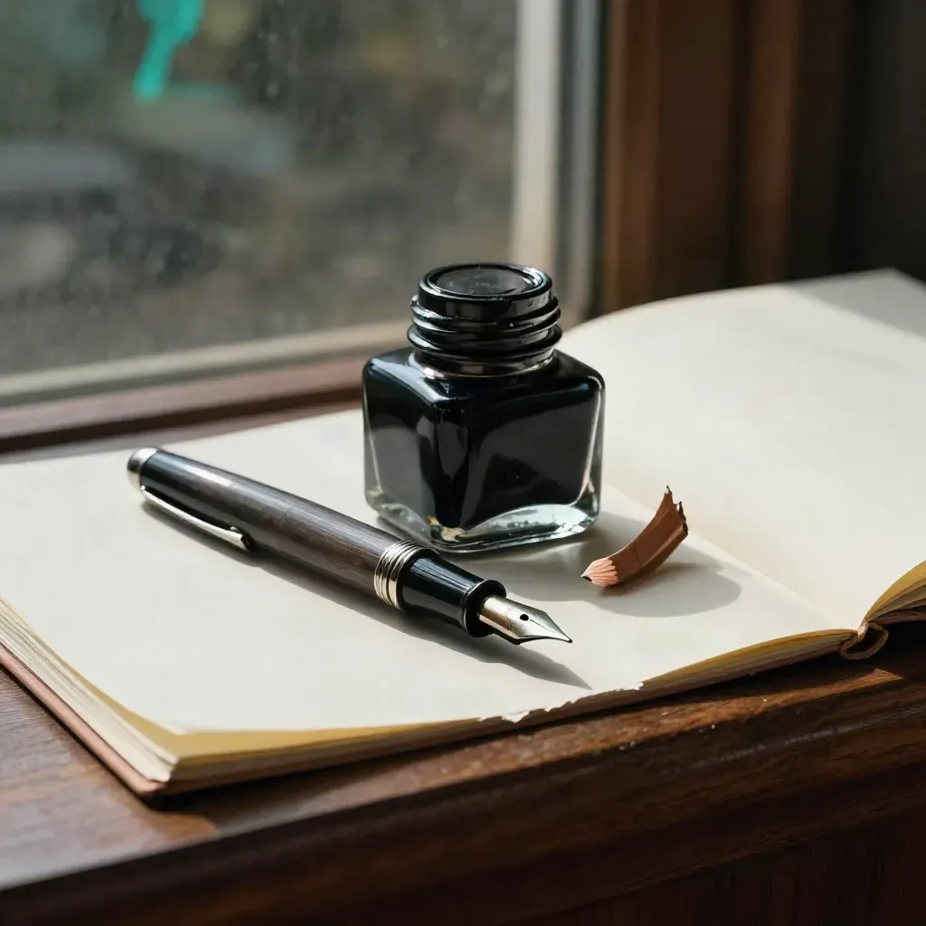 Copy lead tools on a walnut ledge: pen, ink bottle, pencil stub and notebook spine in dramatic light