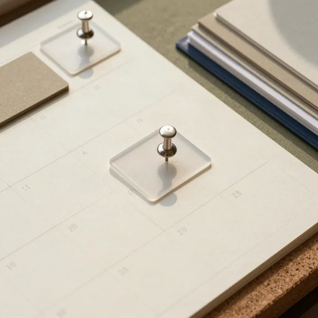 Top-down close-up of editorial calendar tiles, acetate cue cards, thumbtacks and tabbed inserts